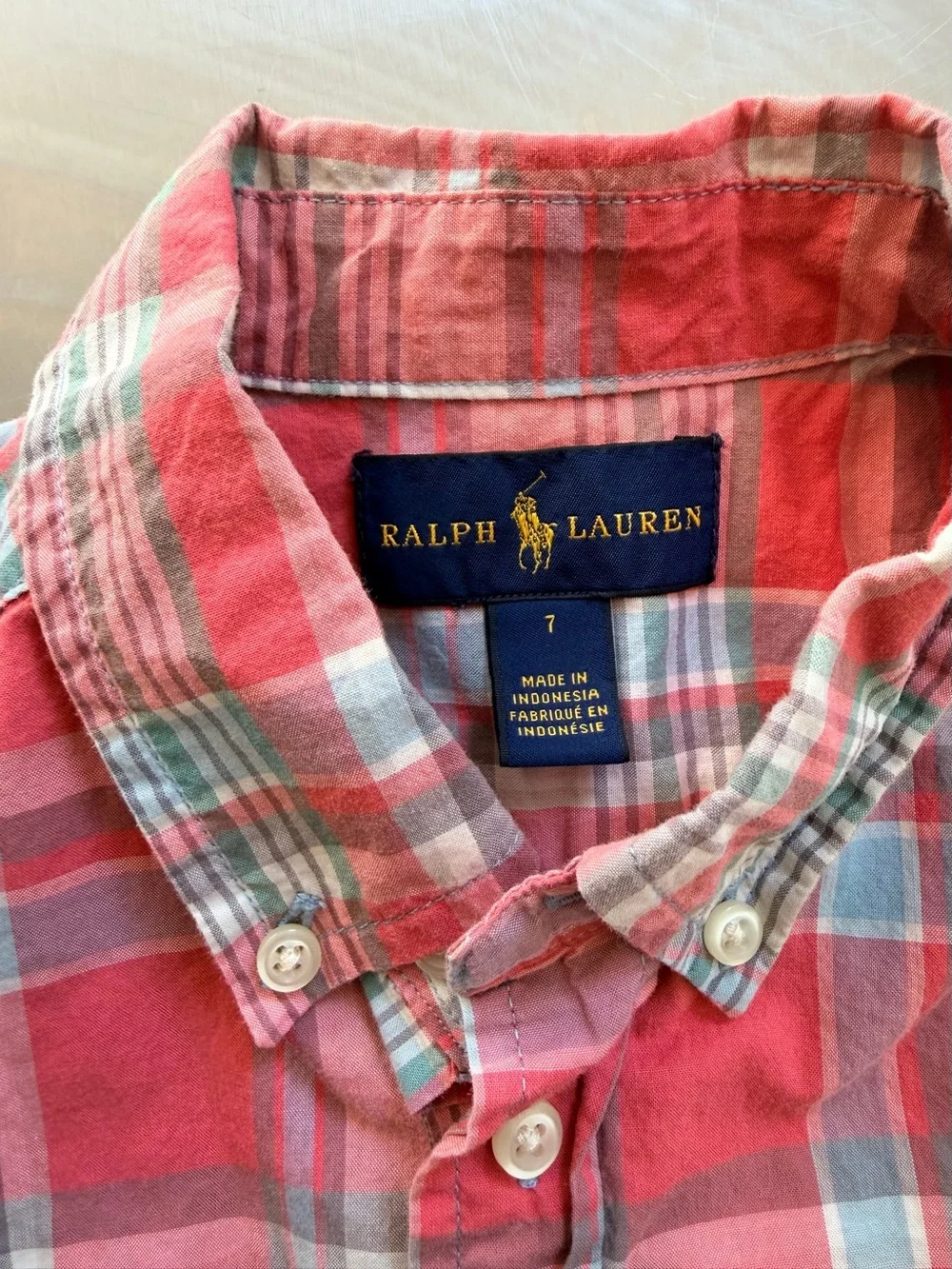 Ralph Lauren Coral Salmon Plaid Button-Down Shirt Size 7